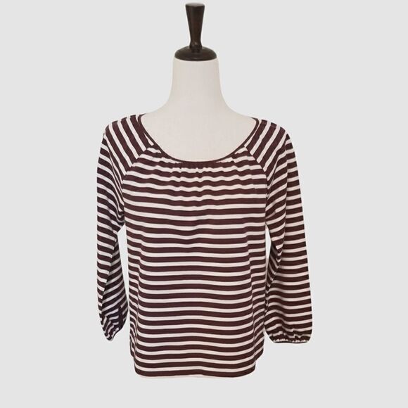 J Crew Brown Striped 3/4 Sleeved Back Tie Cotton Blouse Size S - Picture 1 of 6